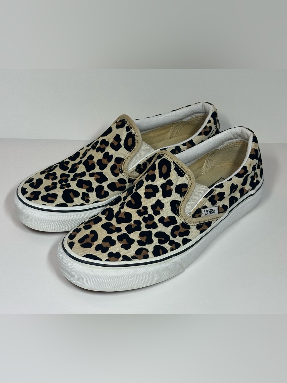 Vans Flocked Leopard Print Slip-On Sneakers - Beige/Black/Brown Women’s 6.5
